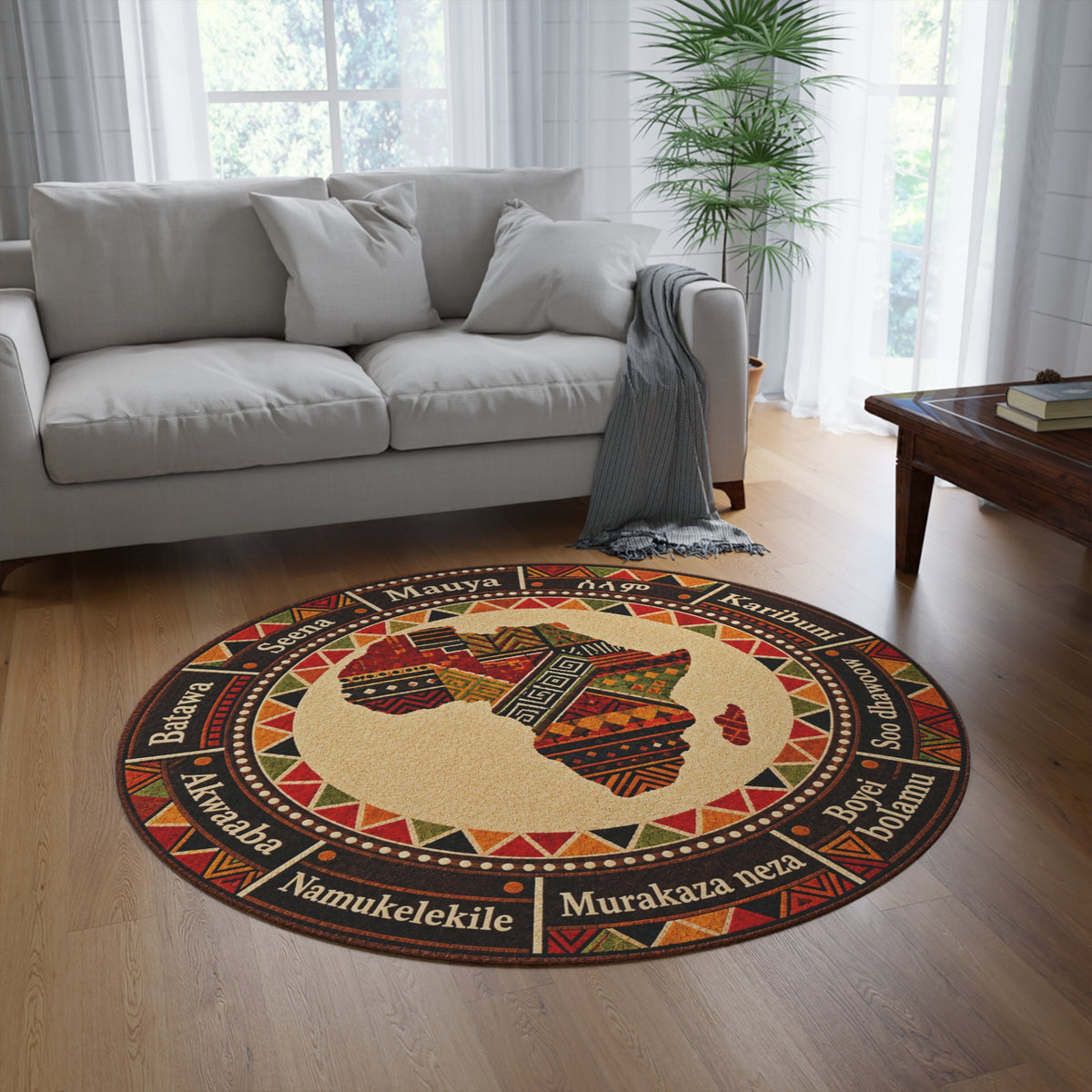 African Tribal Round Rug Plush Chenille Cultural Home Decor