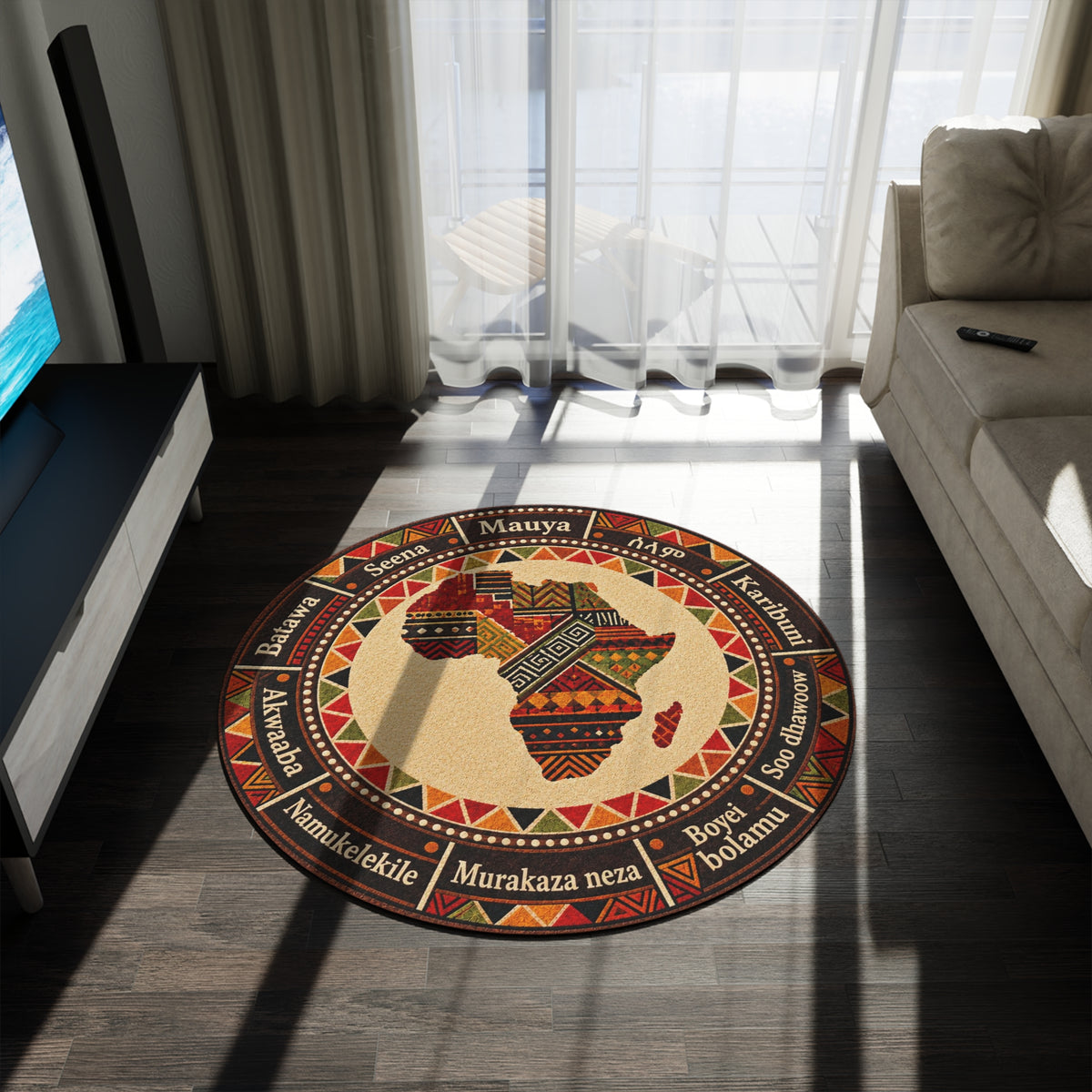 African Tribal Round Rug Plush Chenille Cultural Home Decor