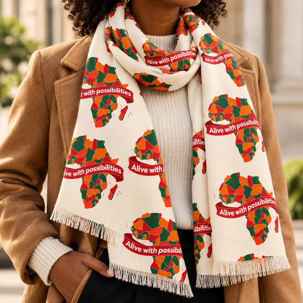 African Map Print Lightweight Polyester Scarf With Inspirational Message