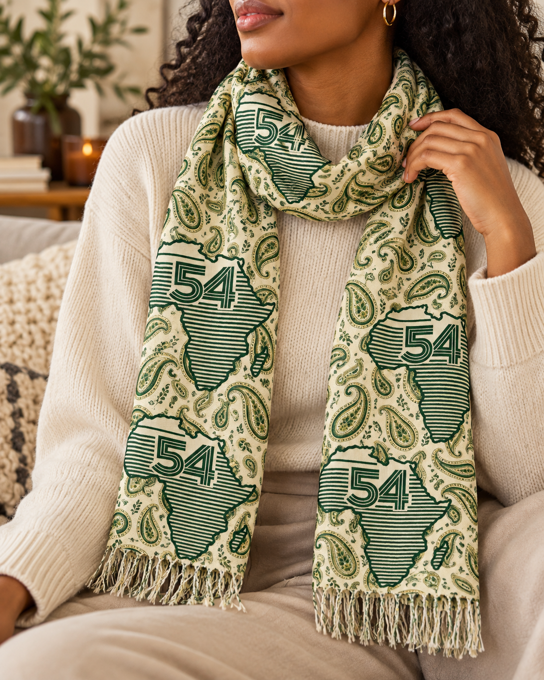 Lightweight Polyester Scarf With Paisley Africa Map And Retro 54 Stripe Accent