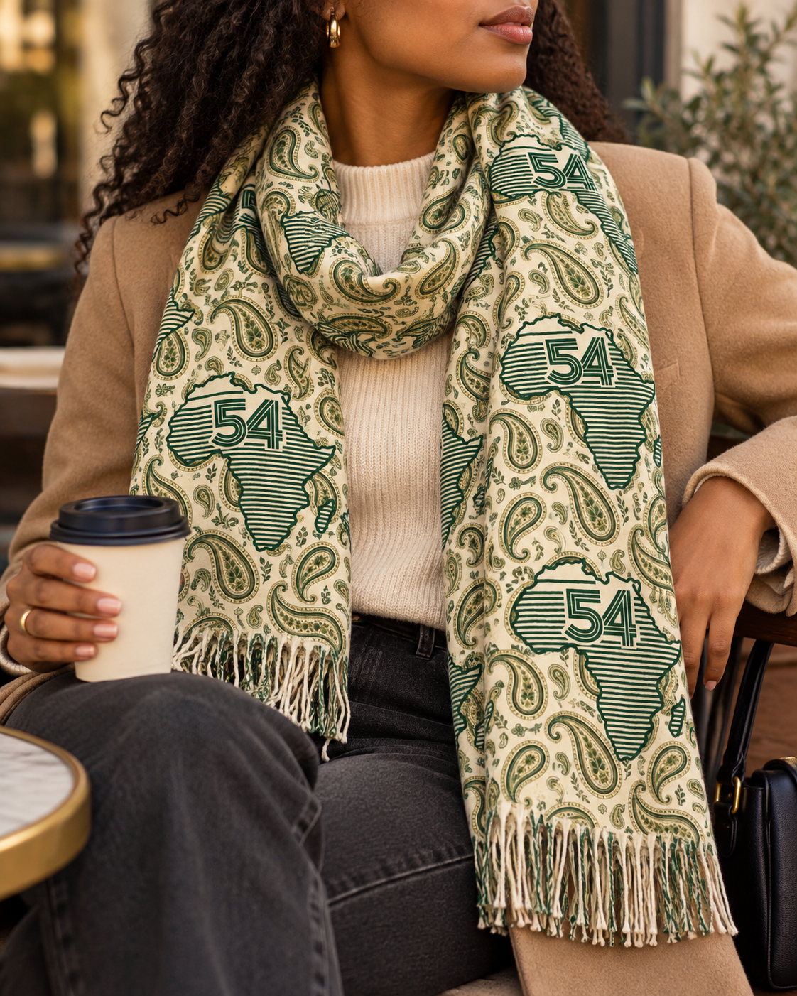 Lightweight Polyester Scarf With Paisley Africa Map And Retro 54 Stripe Accent