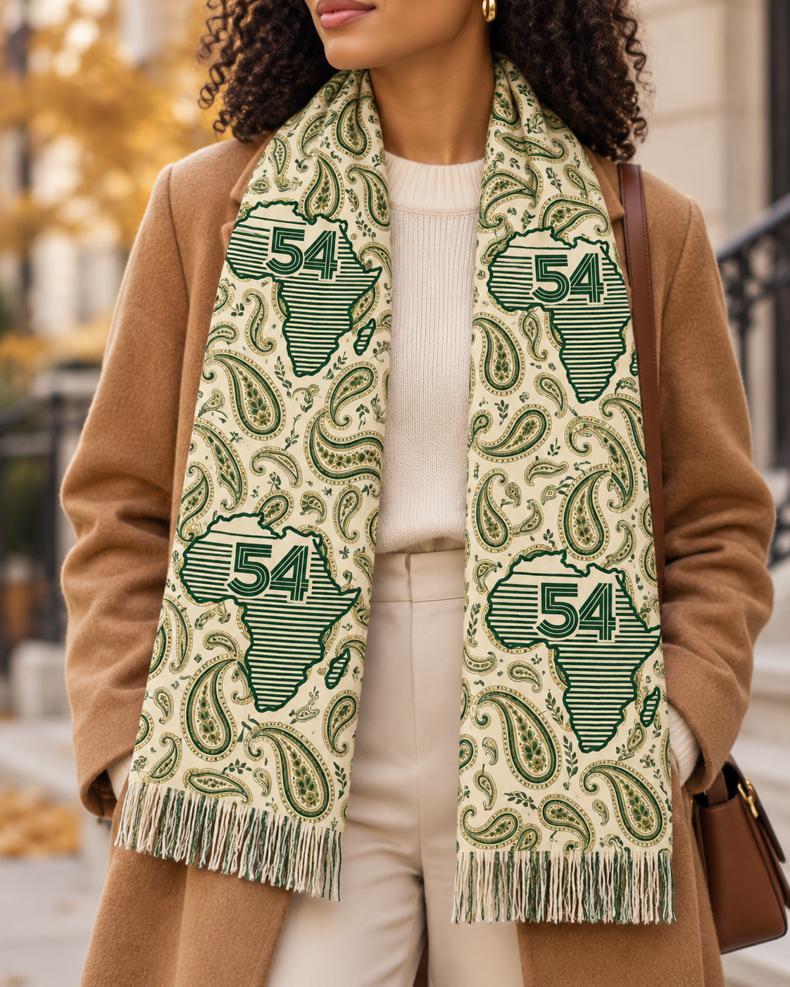 Lightweight Polyester Scarf With Paisley Africa Map And Retro 54 Stripe Accent