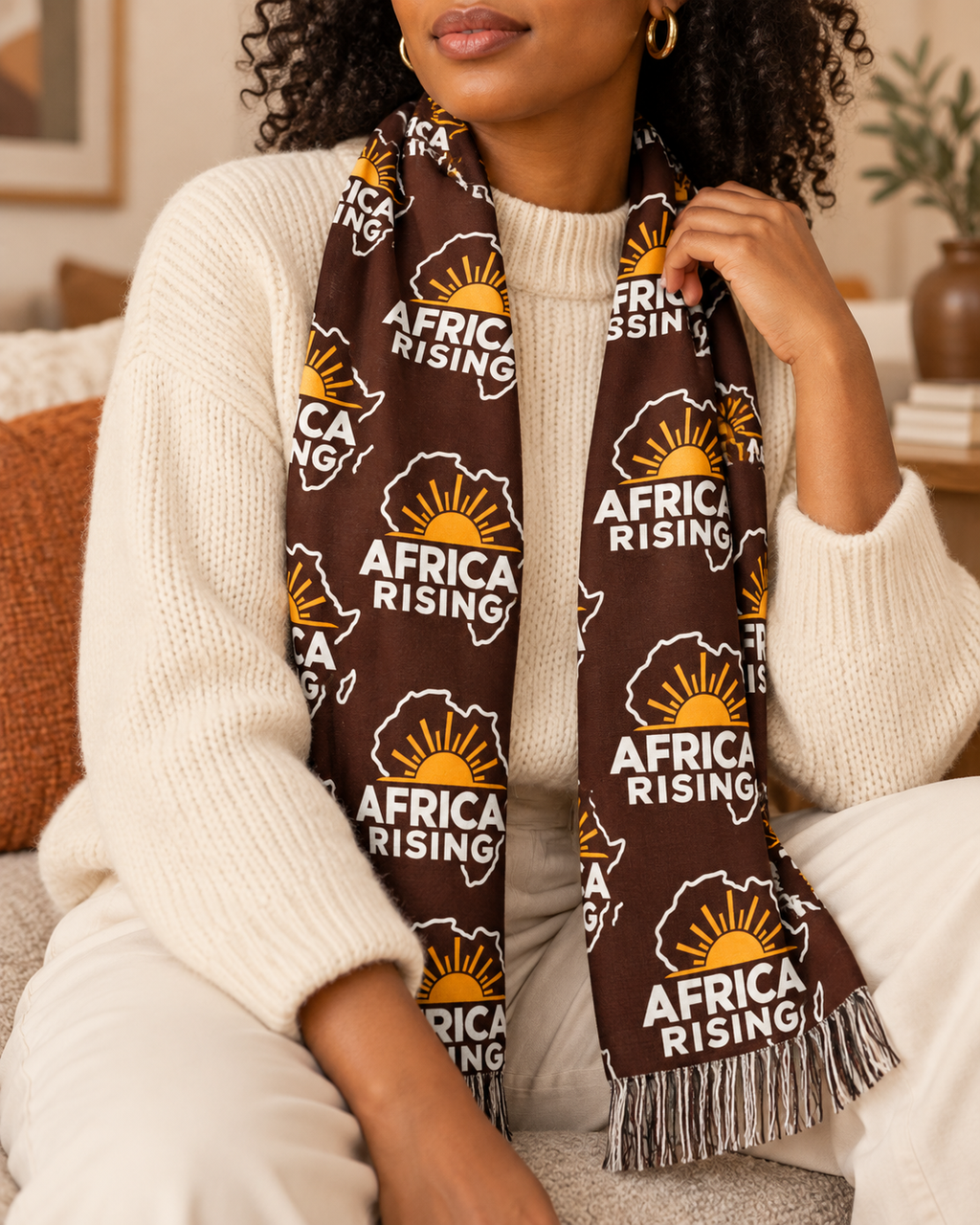 Africa Rising Lightweight Polyester Scarf With Cultural Emblem Print