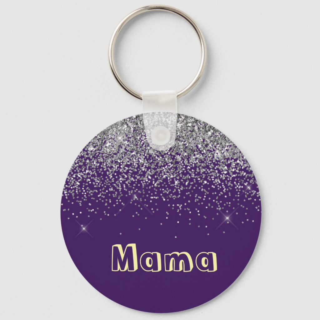 Mama Purple Silver Glitter Girly Monogram Name Keychain