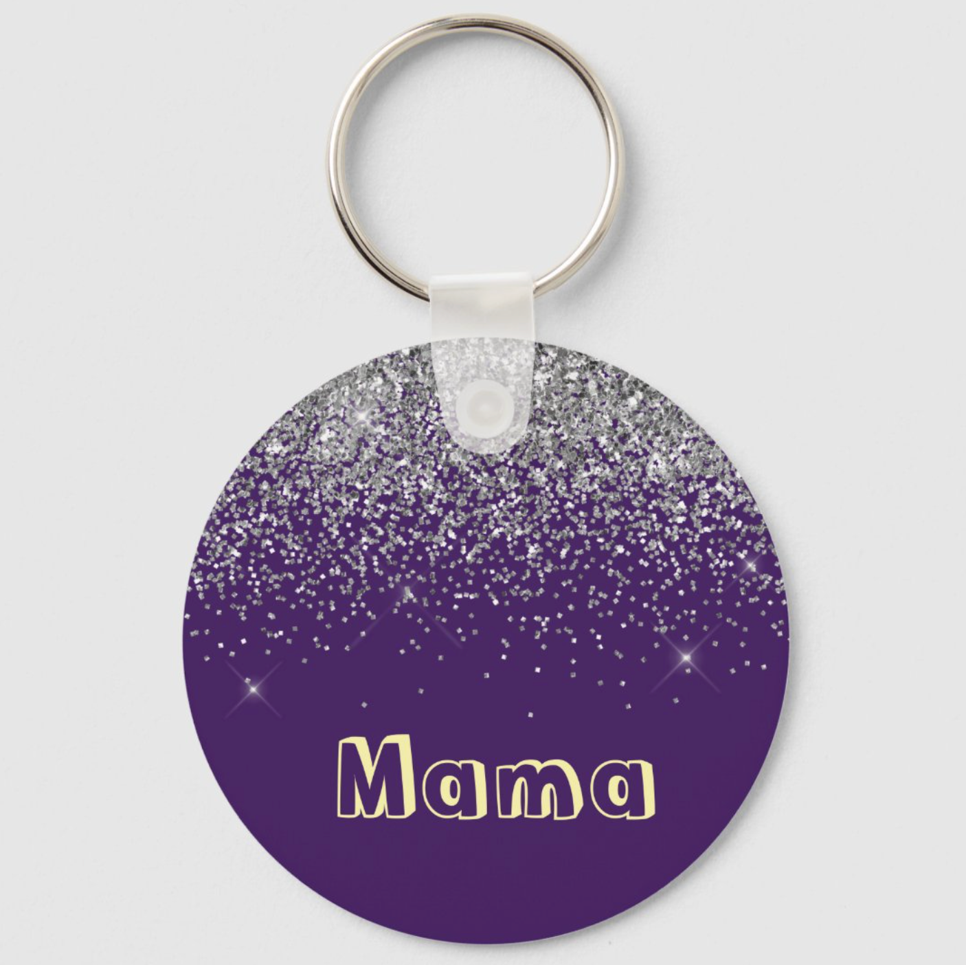 Mama Purple Silver Glitter Girly Monogram Name Keychain
